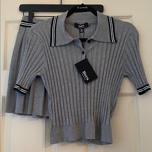 NWT Hera Collection Gray and Black/White Striped Polo Shirt and Tennis Skirt Set